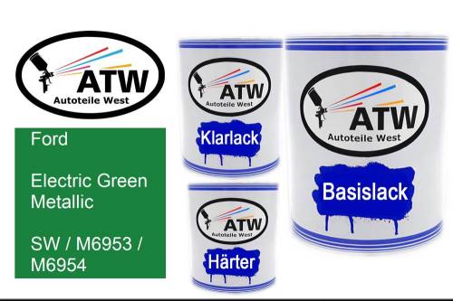 Ford, Electric Green Metallic, SW / M6953 / M6954: 1L Lackdose + 1L Klarlack + 500ml Härter - Set, von ATW Autoteile West.